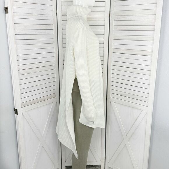 Express Ribbed Asymmetrical Hem Split Side Long Sweater Cream Large Turtle Neck - Picture 4 of 14